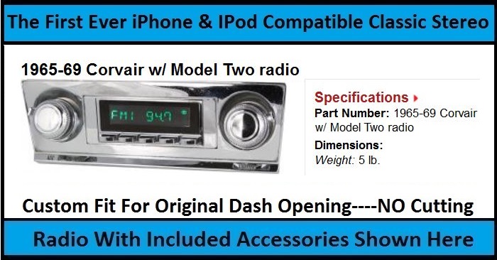 1965 1969 Chevy Corvair Radio Am FM Stereo w Aux USB Bluetooth Hands Free
